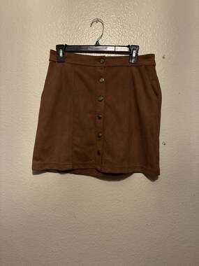 14th & Union Brown Faux Suede Button-Front Mini Skirt